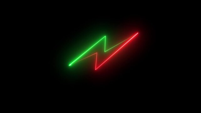Neon charging lightning bolt, glowing sign. Charge flash red and green icon. Lighting strike, lightning bolt sign black background 4k animation