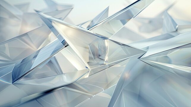 Abstract futuristic low poly 3D render featuring stacked sharp geometric structures with matte frosted glass-like texture, cool light gray, pale haze blue and soft off-white tones, diffuse front-top