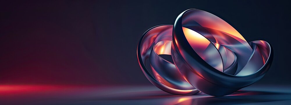 Futuristic 3D render of two interlocking mobius abstract sculpture with smooth curved geometry, polished metallic surface, set against dark gradient background with reflective dark platform