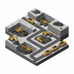 Isometric mining operation with excavators and dump trucks. © JOKO