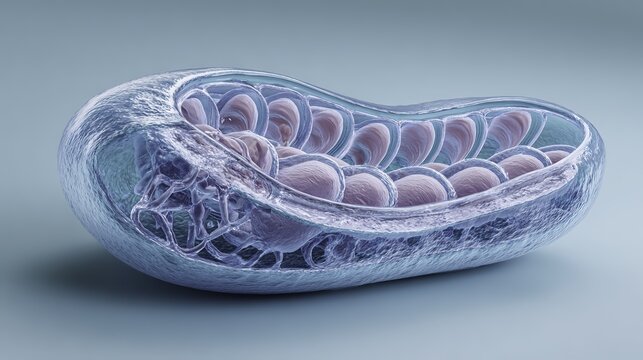 3D illustration of a mitochondrion with visible cristae and inner membrane structure
