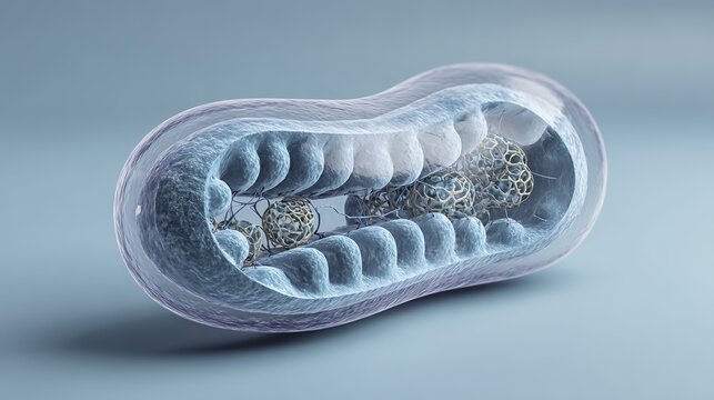 3D illustration of a mitochondrion showing internal cristae and membrane structure