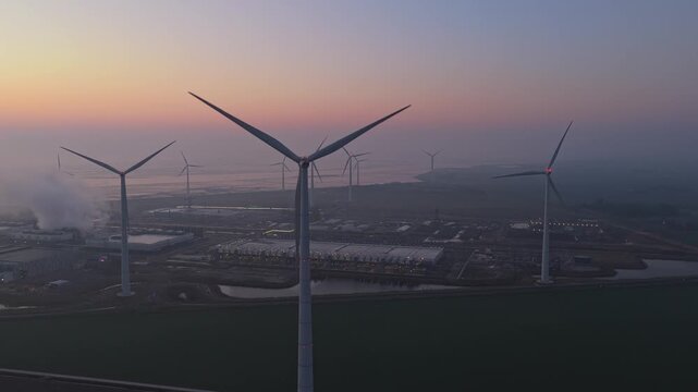 Wind turbines generating renewable energy for google data center
