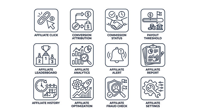 Set of affiliate marketing icons for business and digital tracking.