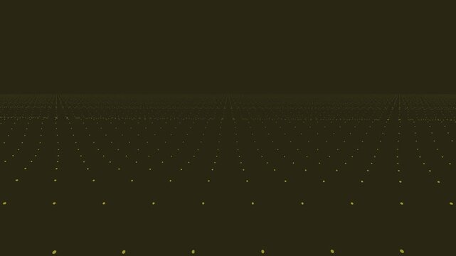 Abstract Digital Landscape with Glowing Yellow Dot Grid Moving Towards Horizon Seamless Loop Background for Technology and Data Visualization