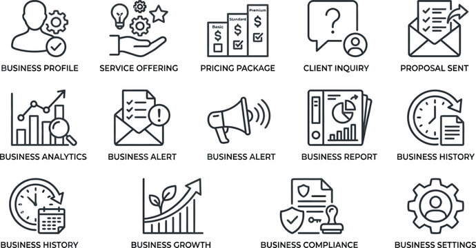 Set of business and corporate management line icons.