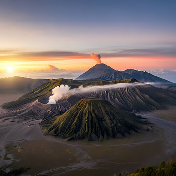 Mount Bromo volcanic complex at sunrise with smoking crater.