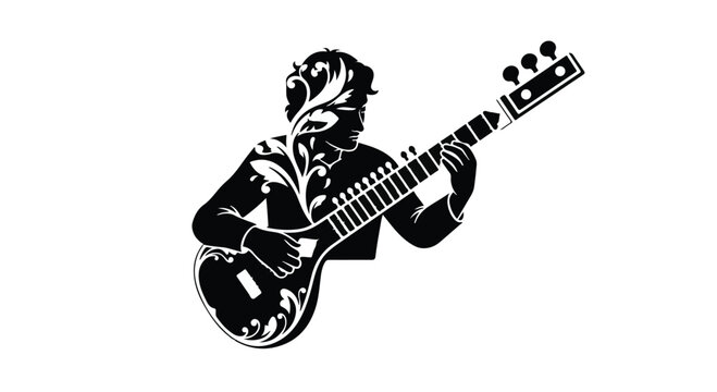 Musician plays a traditional stringed instrument with intricate floral patterns to celebrate cultural heritage and the artistic expression of melodic compositions in a stylized black graphic format.