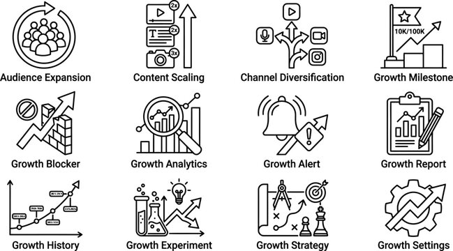 Set of business growth and development doodle icons.