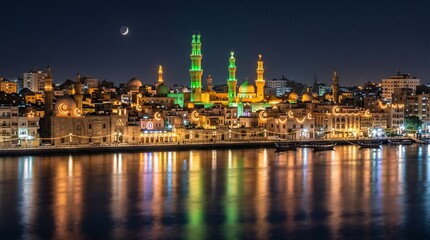 Obraz premium Beautiful illuminated cityscape at night with a mosque and reflections on the water