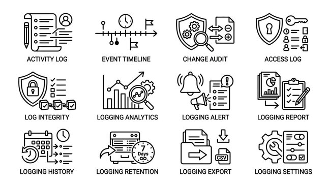 Set of computer logging and system monitoring thin line icons.