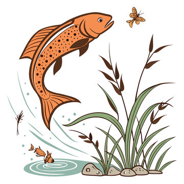 Brown trout jumping from water with fly and reeds vector illustration, cattails