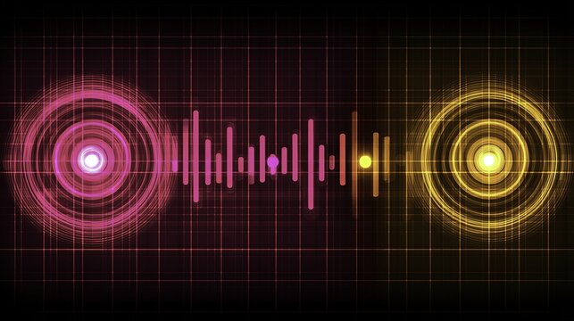 Digital audio waveform visualization with concentric sound waves on a grid background
