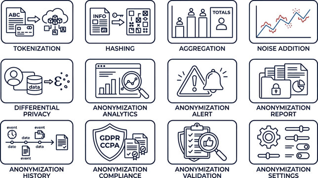 Set of data anonymization and privacy protection line icons.