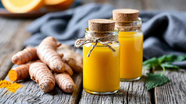 Fresh ginger and turmeric shots in small glass bottles on a wooden surface, immune booster health drink concept, with copy space