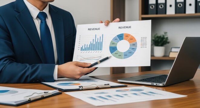 Business finance director presenting revenue analysis and growth charts during a corporate meeting