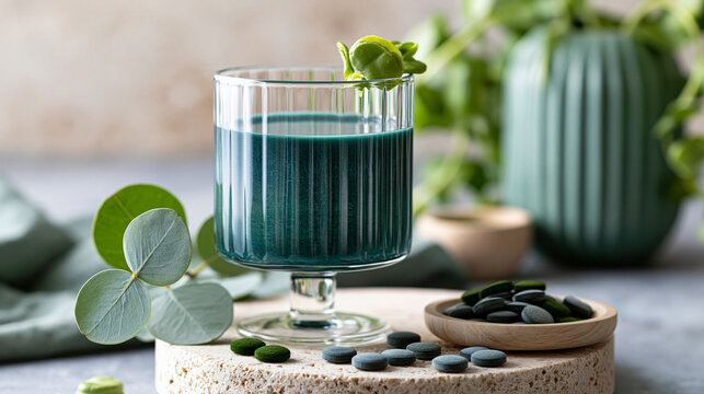 Modern glass with a spirulina drink and chlorella pills on a pedestal, superfood detox concept, healthy care visualization, with copy space