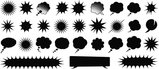 Comic Explosion Speech Bubble Vector Shapes with Black Silhouette Starburst Designs, Ideal for Comic Book Art, Pop Art, Graphic Design and Digital Illustrations © YET FAR 