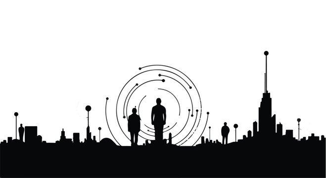 Cityscape silhouette emerges under a mysterious glowing technological orbital ring, depicting the dawn of a digital era where urban life integrates with advanced connectivity and human innovation.