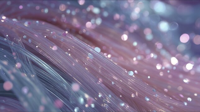 Close-up of fiber optic strands with glowing light particles