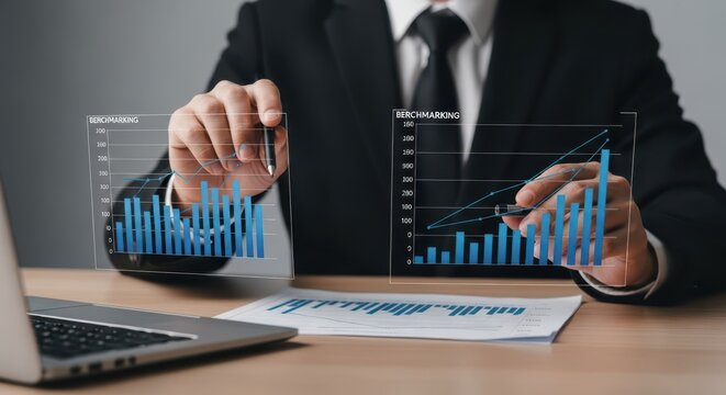 Business analyst reviewing company performance charts and data on interactive digital display
