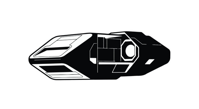 Spaceship silhouette glides through the silent vacuum of space, showcasing a minimalist technological design that represents the future of interstellar travel and advanced engineering exploration.