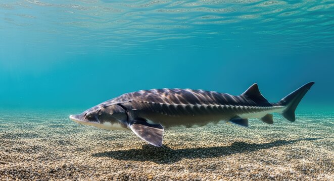 Large sturgeon fish swimming gracefully in a deep freshwater river current above a gravel bottom with natural light filtering from above, shadow, silt, fins