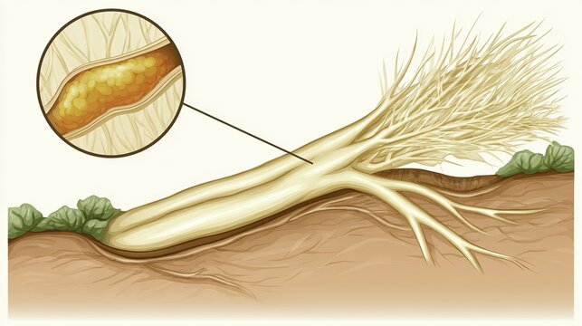 Illustration of a tuberous root structure with cross-sectional view showing internal anatomy