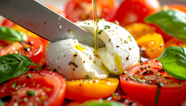 Burrata cheese macro shot sliced with a silver knife revealing creamy stracciatella oozing out with heirloom tomatoes and green basil oil generative AI