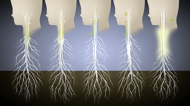 Silhouettes of human heads with root-like structures growing downward into soil, symbolizing deep connections or subconscious roots.