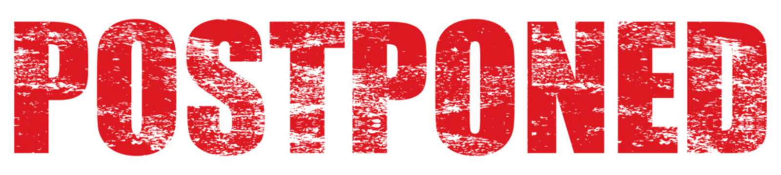 Red postponed text with grunge texture isolated on white background.