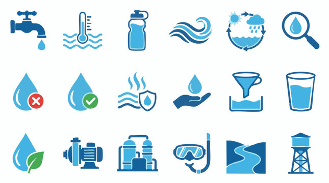 Water icons collection: sustainability, quality, treatment, and usage