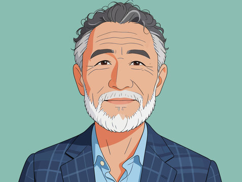 Cartoon portrait of a senior East Asian man with white beard