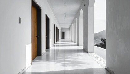 Fototapeta premium Modern white corridor with brown doors.