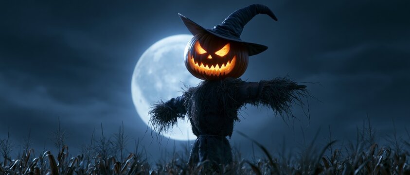 Eerie Scarecrow under a Full Moon. Scarecrow with the head of a halloween pumpkin in a field with full moon in the sky.