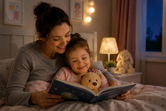 Mom and daughter reading bedtime stories for daughter