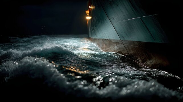 Night Photography of Cargo Ship Bow in Close-Up View with Waves
