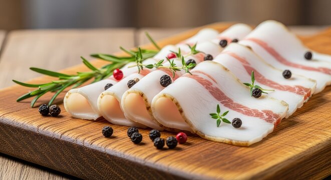 Paper-thin translucent slices of cured pork lard arranged neatly on a rustic wooden cutting board, garnished with peppercorns and fresh herbs, charcuterie, spice, ingredient