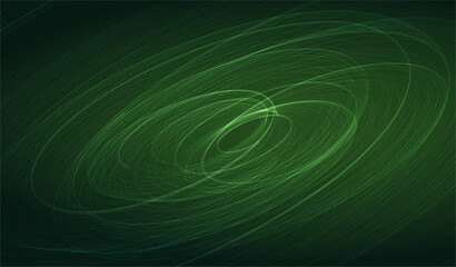Abstract dark green background with glowing dynamic light lines forming a vortex. Futuristic digital network technology, speed data stream, energy flow, and cyber space orbit spiral concept design. © TripleP Studio