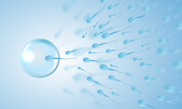 3D illustration of active human sperm cells swimming towards a female egg on light blue background. Medical concept of reproduction, artificial insemination, IVF, fertilization, pregnancy and biology.