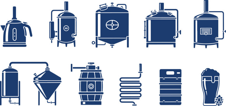 Ten blue industrial brewing equipment icons on transparent background, featuring tanks, boilers, kegs, and coils.