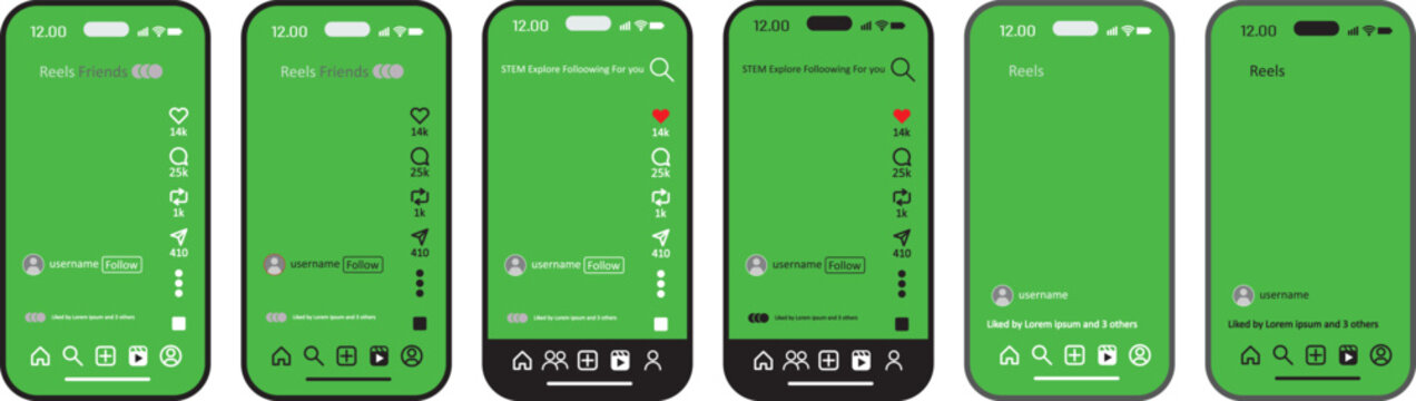 Instagram TikTok Facebook 2026 reels post story engagement elements with comment share buttons. Tik Tok Facebook Instagram reels mockups with smartphones