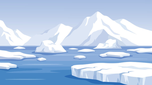 Arctic landscape with icebergs and blue water, cartoon illustration