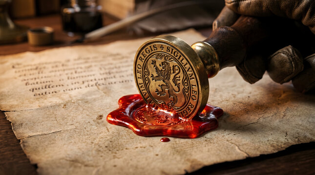 Vintage wax seal stamp pressing into red wax on old parchment paper