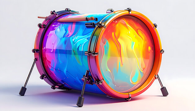 Vibrant rainbow-colored bass drum on a stand, studio lighting, musical instrument, percussion, celebration and energy