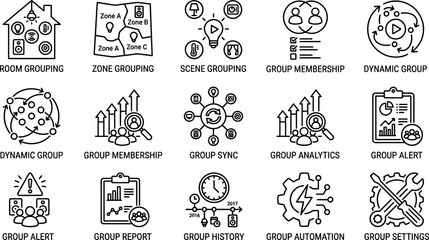 Obraz premium Set of group management and organizational process thin line icons.