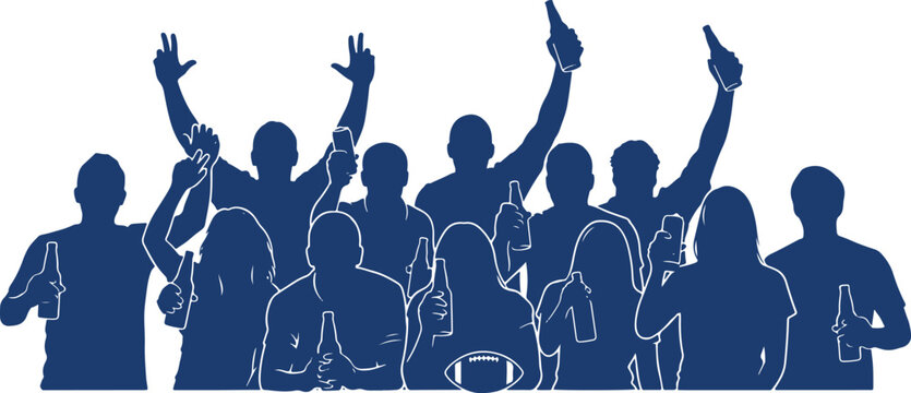 Crowd of cheering fans in silhouette raising hands and holding bottles of drink with football on transparent background.