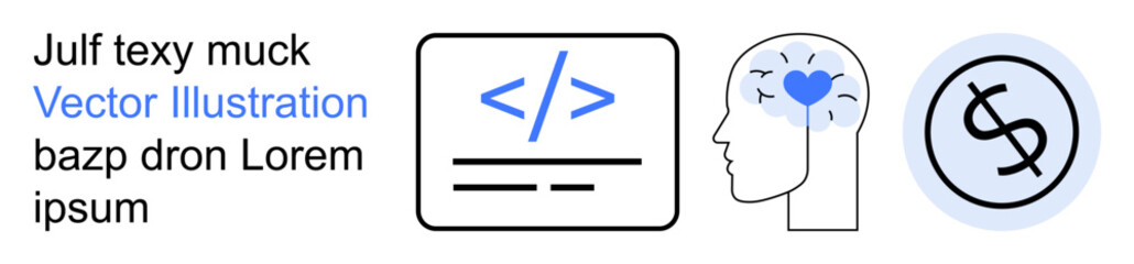 Technology, creativity, coding, financial strategies, design, and innovation. A coding symbol, a head with a heart and a dollar sign in minimal line art style. Technology and creativity concepts © robu_s