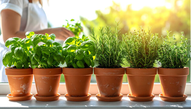 Terracotta pots with basil rosemary and thyme on a sunny restaurant windowsill while a chef picks leaves in soft bokeh background generative AI