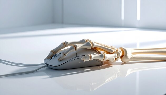 Bone Hand at Work: A skeletal hand interacts with a computer mouse, juxtaposing technology with the intrinsic, temporary nature of life.